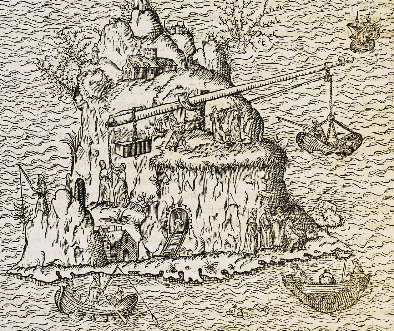 Técnica de transporte para barcos na Ilha de Creta, gravura da La Cosmographie Universelle, de Andre Thevet de Andre Thevet