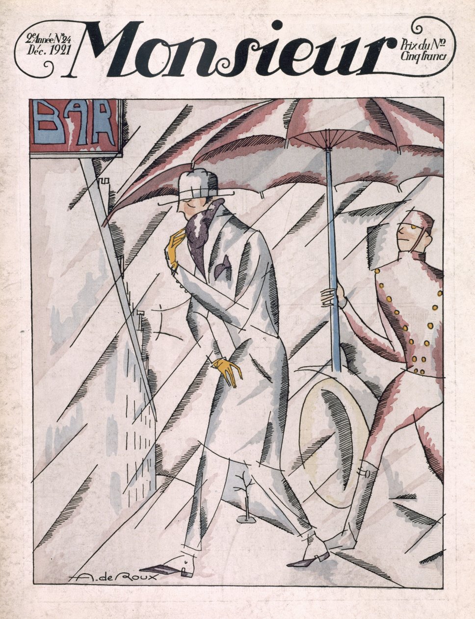 Homem de capa de chuva, capa da revista "Monsieur", número 24, pub. Dezembro de 1921 (impressão pochoir) de Andre de Roux