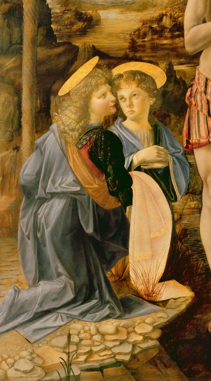 O batismo de Cristo por João Batista, c.1475 (detalhe de 362326) de Leonardo da Vinci