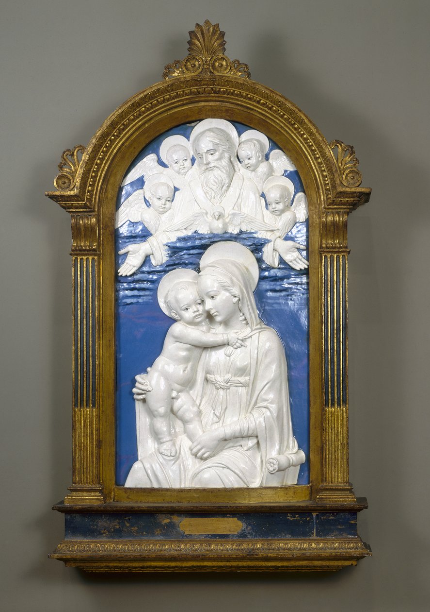 Madonna e Criança com Deus Pai e Querubim, 1480-90 (terracota vidrada) de Andrea Della Robbia