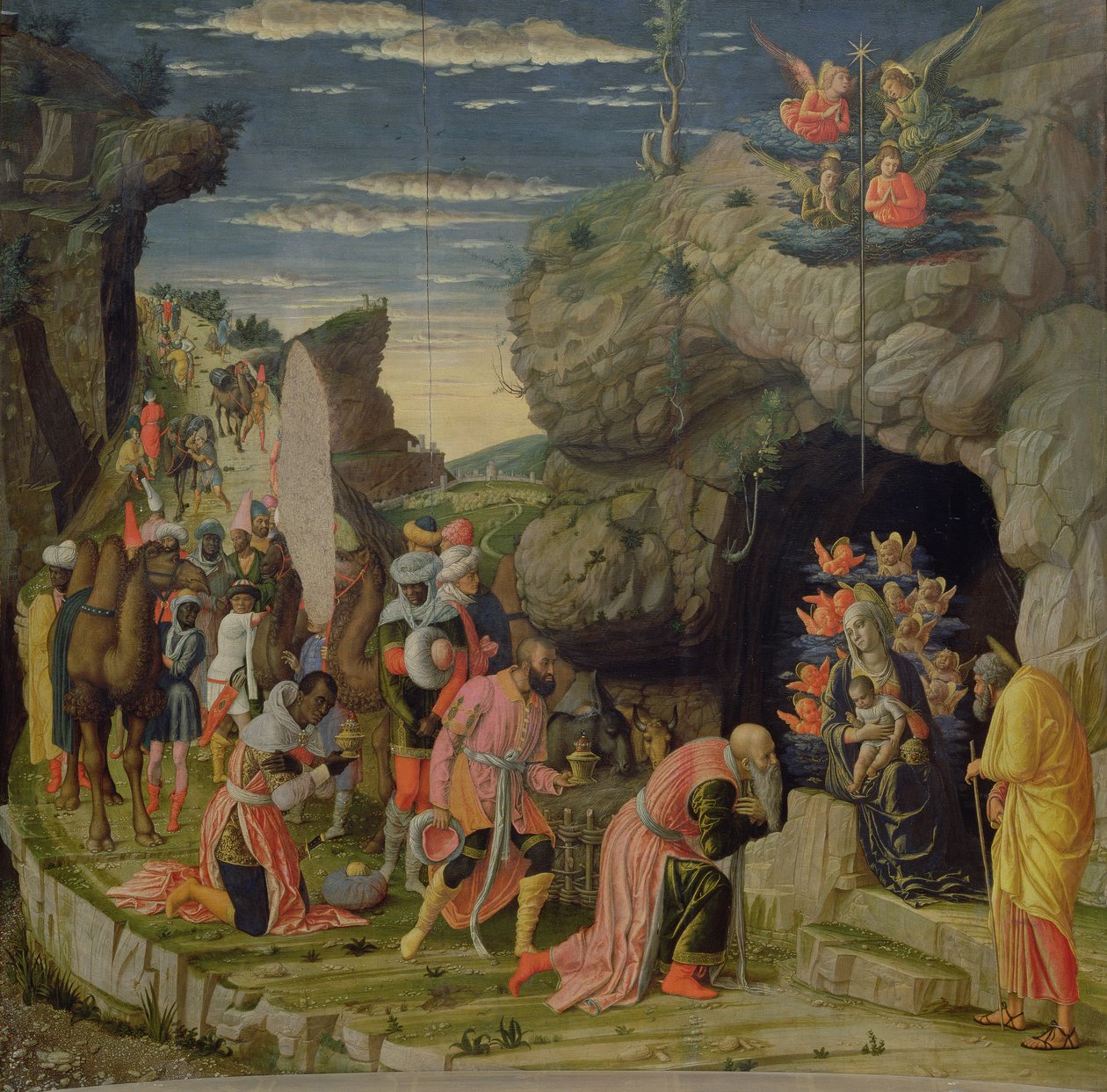 Adoração dos Magos, painel central do Retábulo, c.1466 (têmpera no painel) (ver também 50042) de Andrea Mantegna