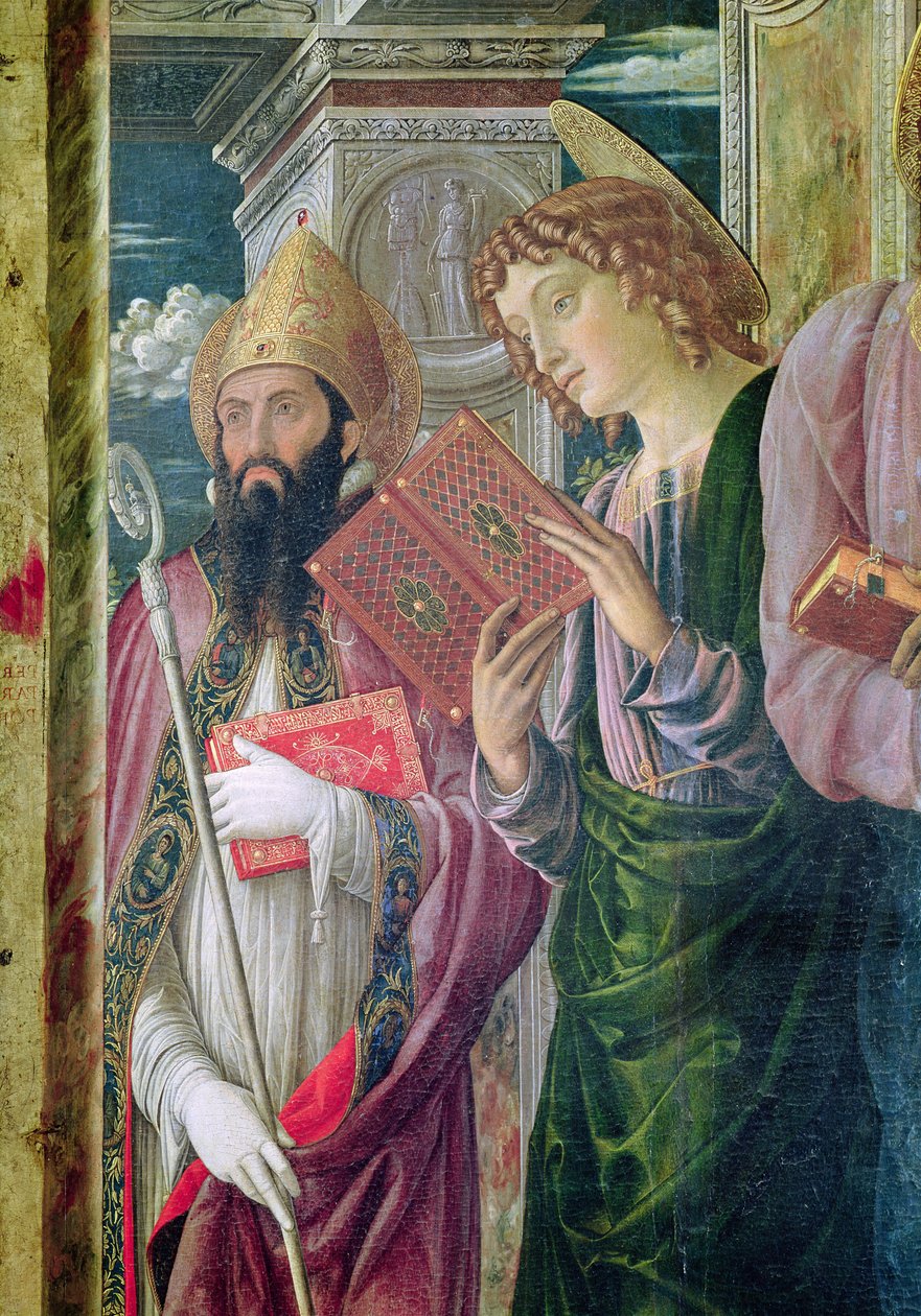 Retábulo de São Zeno de Verona, detalhe do painel da esquerda representando São João Batista e Santo Agostinho, 1456-60 de Andrea Mantegna