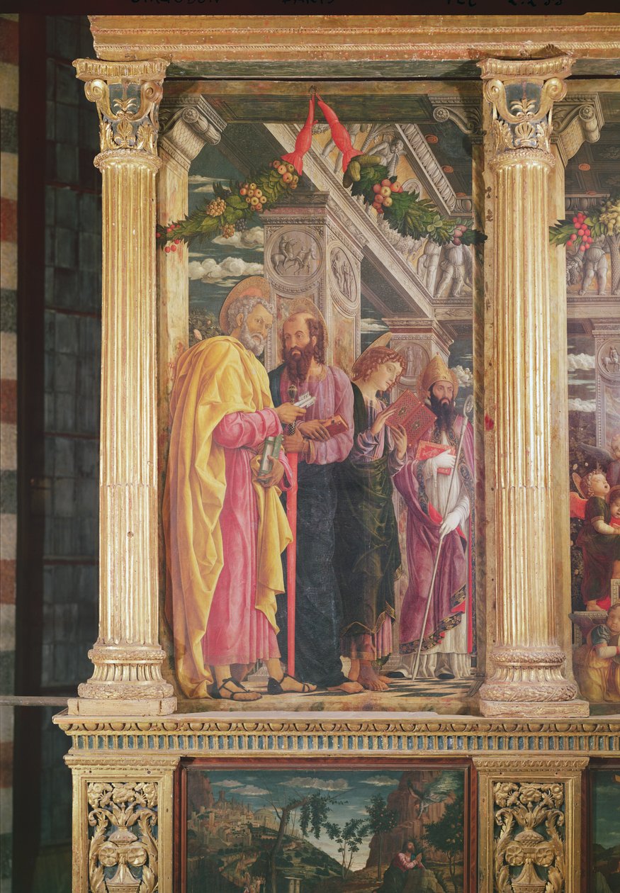 Retábulo de São Zeno de Verona, painel da esquerda mostrando São Pedro, São Paulo e São João, 1456-60 (detalhe de 214237) de Andrea Mantegna