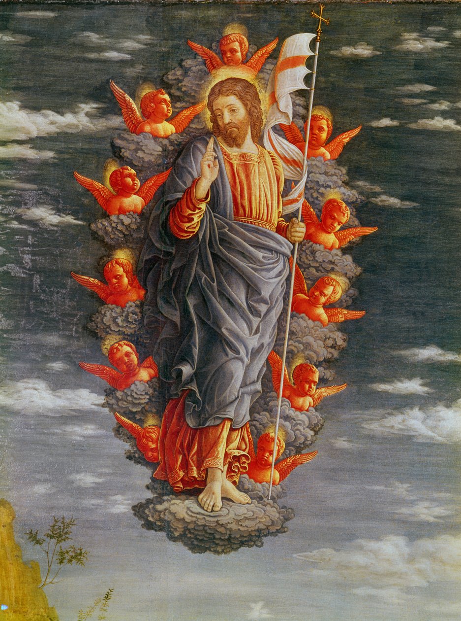 Retábulo do painel esquerdo da Adoração dos Magos: a Ascensão, detalhe de Cristo, c.1466 têmpera sobre painel de Andrea Mantegna