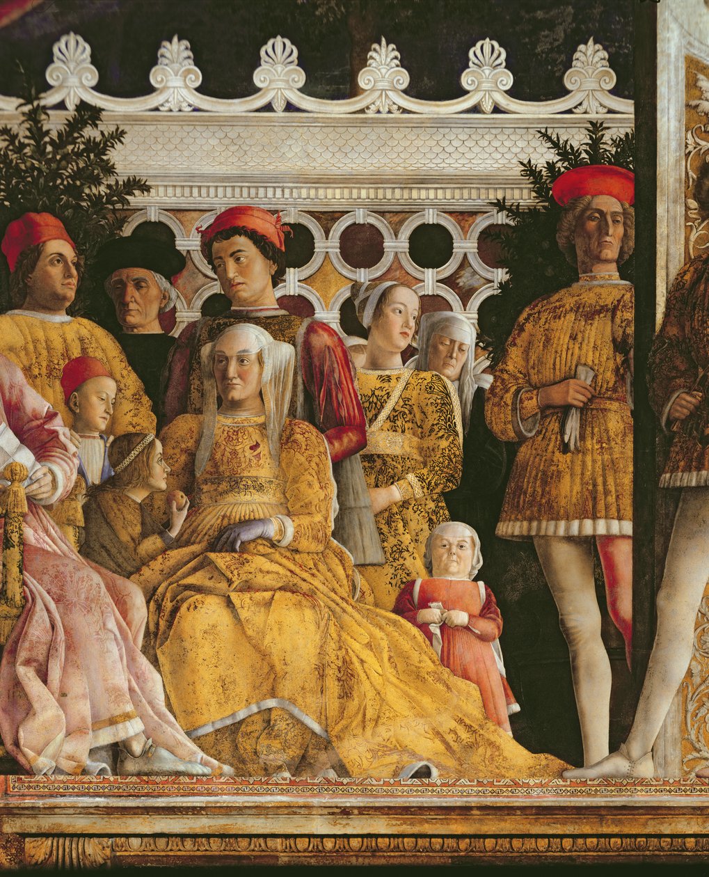 Detalhe de Bárbara de Brandemburgo, (esposa do marquês Ludovico Gonzaga III de Mantua e seus filhos e cortesãos), da Câmara degli Sposi ou Camera Picta, 1465-74 de Andrea Mantegna
