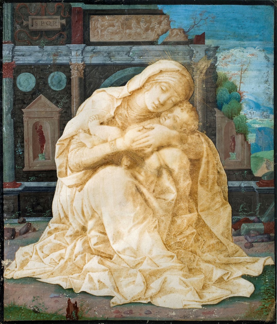 Madonna e criança contra as ruínas antigas de Andrea Mantegna