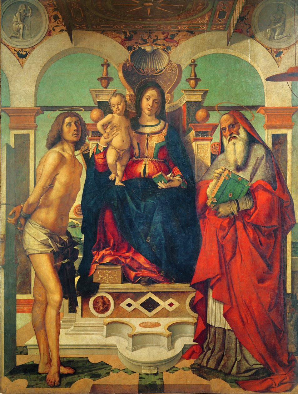 Madonna e criança entronizada com São Jerônimo e São Sebastião de Andrea Mantegna