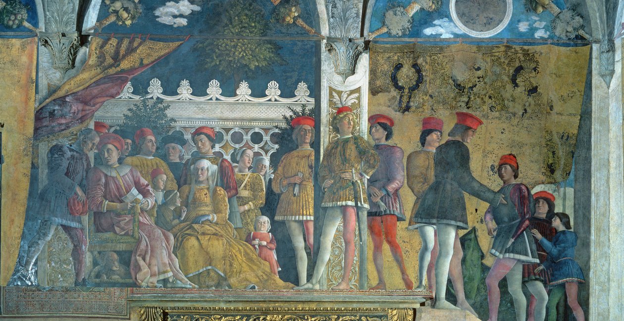 O marquês Ludovico Gonzaga III, sua esposa Barbara de Brandemburgo, seus filhos, cortesãos e seu cão Rubino, da Camera degli Sposi ou Camera Picta, 1465-74 de Andrea Mantegna