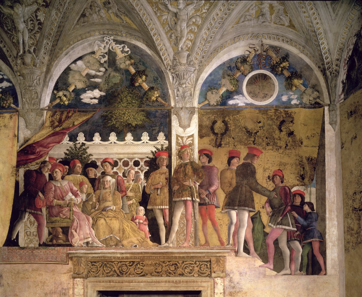 O marquês Ludovico Gonzaga III de Mantua (reg. 1444-78), sua esposa Barbara de Brandemburgo, crianças, cortesãos e seu cão Rubino, da Camera degli Sposi ou Camera Picta, 1465-74 (detalhe de Andrea Mantegna
