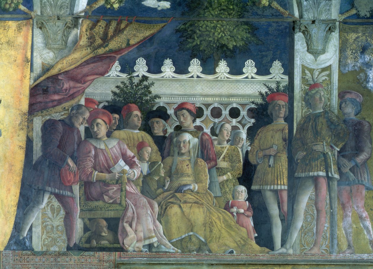O marquês Ludovico Gonzaga III de Mântua (reinou 1444-78), sua esposa Bárbara de Brandemburgo, filhos, cortesãos e seu cão Rubino, da Câmara degli Sposi ou Câmera Picta, 1465-74 (det de Andrea Mantegna