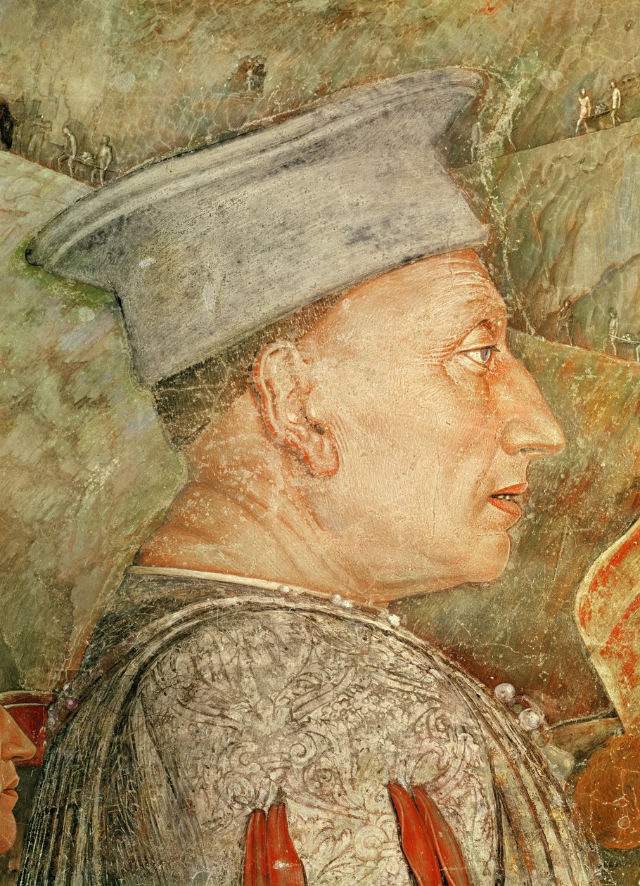 Marchese Ludovico Gonzaga III de Mântua saudação seu filho Cardeal Francesco Gonzaga, detalhe de Ludovico Gonzaga, c.1465-74 detalhe afresco de 78456, 78454 de Andrea Mantegna