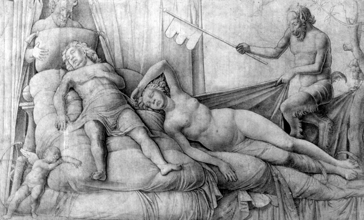 Mulher nua dormindo com Cupido e Sátiros de Andrea Mantegna