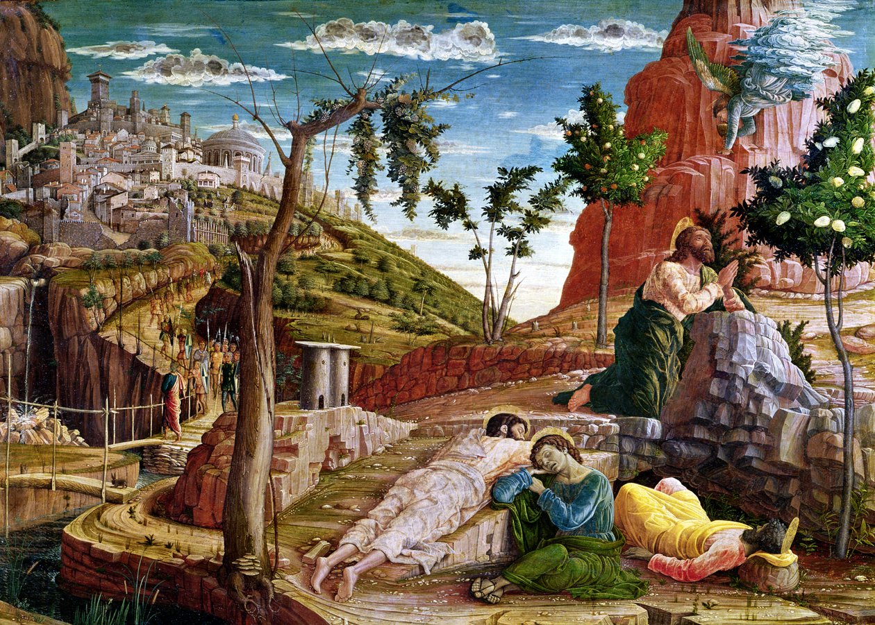 A Agonia no Jardim, painel esquerdo de predella do Retábulo de São Zeno de Verona, 1456-60 de Andrea Mantegna