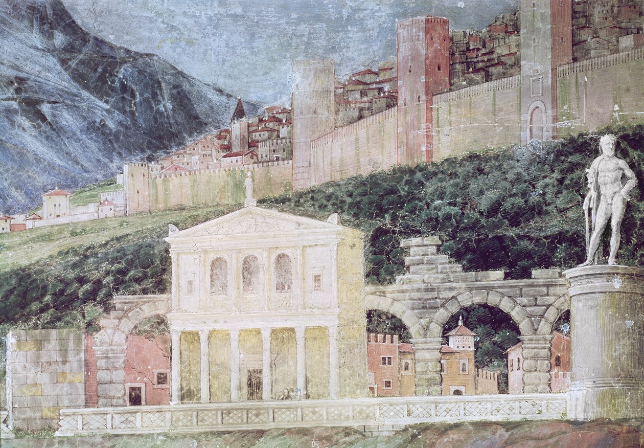 A chegada do cardeal Francesco Gonzaga, detalhe do fundo mostrando uma visão idealizada de Roma, c.1465-74 (detalhe de 78457, 78449) de Andrea Mantegna