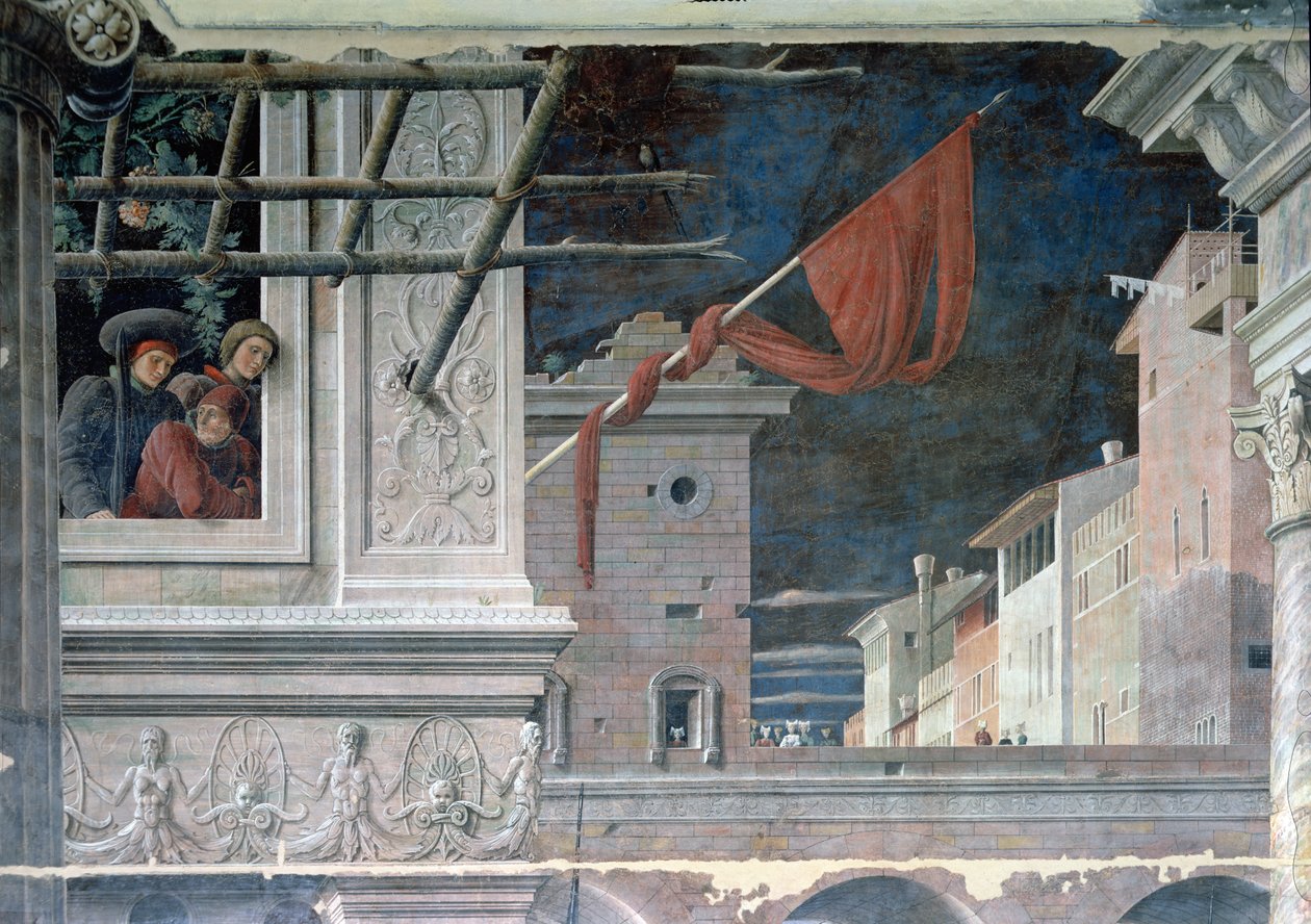 O martírio de São Cristóvão, detalhe dos edifícios, c.1450-56 de Andrea Mantegna