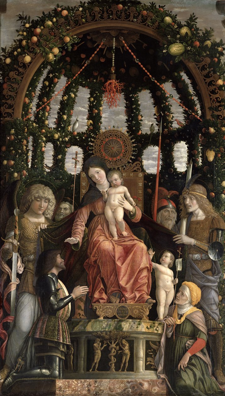A Virgem da Vitória ou A Madonna e a Criança, entronizados com Seis Santos e Adorados por Gian-Francesco II Gonzaga, encomendados em 1495 de Andrea Mantegna