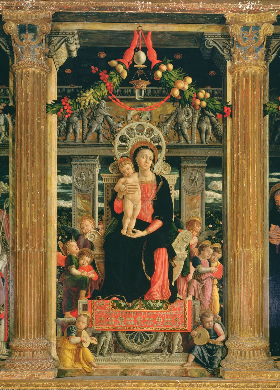 Virgem e Menino com Anjos, painel central do Retábulo de São Zeno de Verona, 1456-60 (detalhe de 214237) de Andrea Mantegna