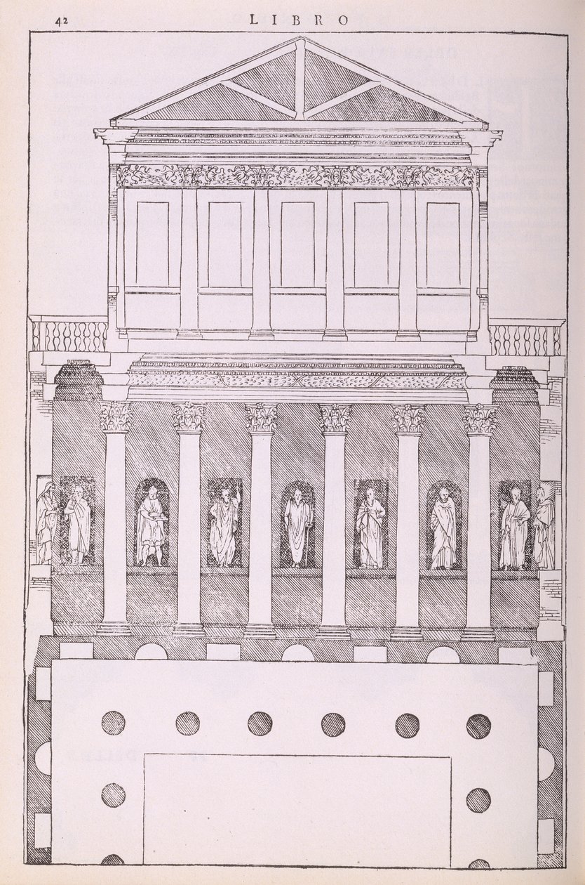 Uma casa grega privada, ilustração de uma cópia fac-símile de &39;I Quattro Libri dell&39;Architettura&39; escrita por Palladio, publicada originalmente em 1570 de Andrea Palladio