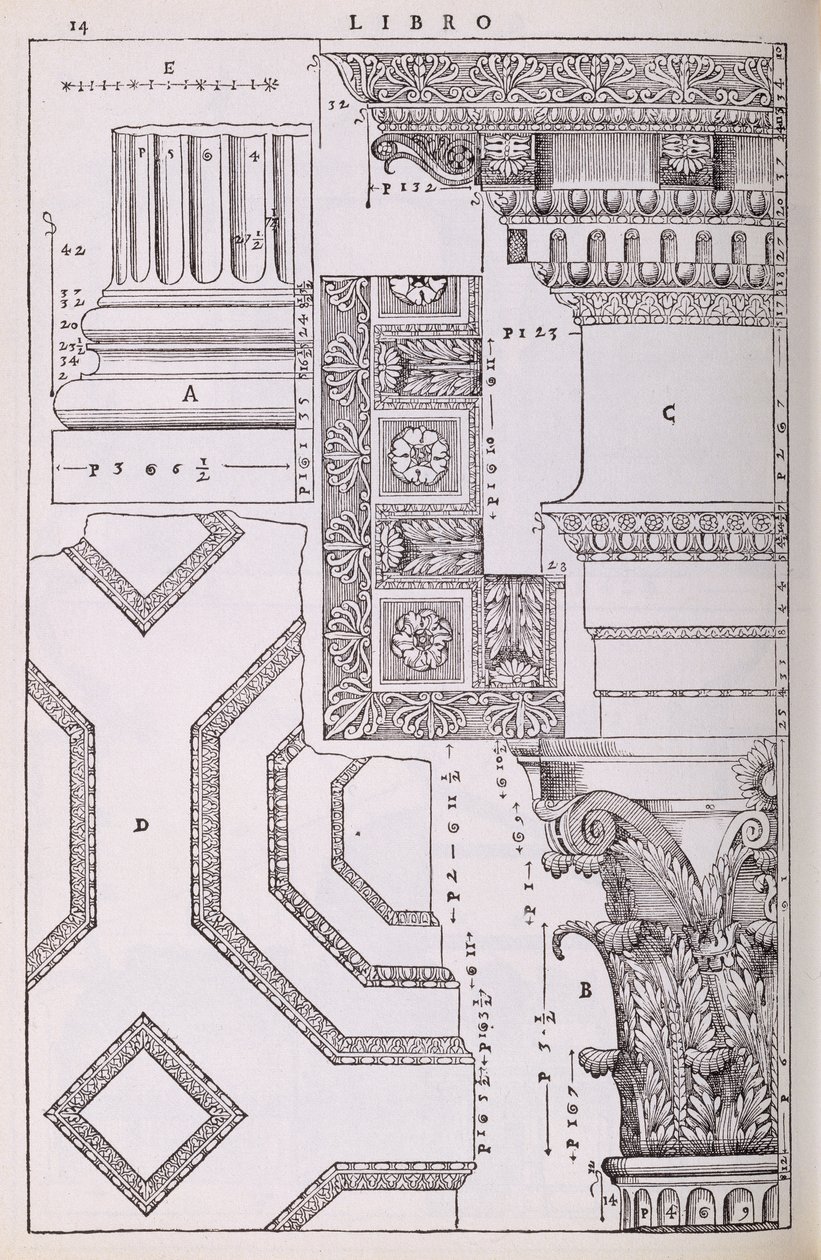 Diagramas relacionados ao Templo de Marte Vingador, ilustração de uma cópia fac-símile de &39;Os Quatro Livros de Arquitetura&39; escrita por Palladio, publicada originalmente em 1570 de Andrea Palladio