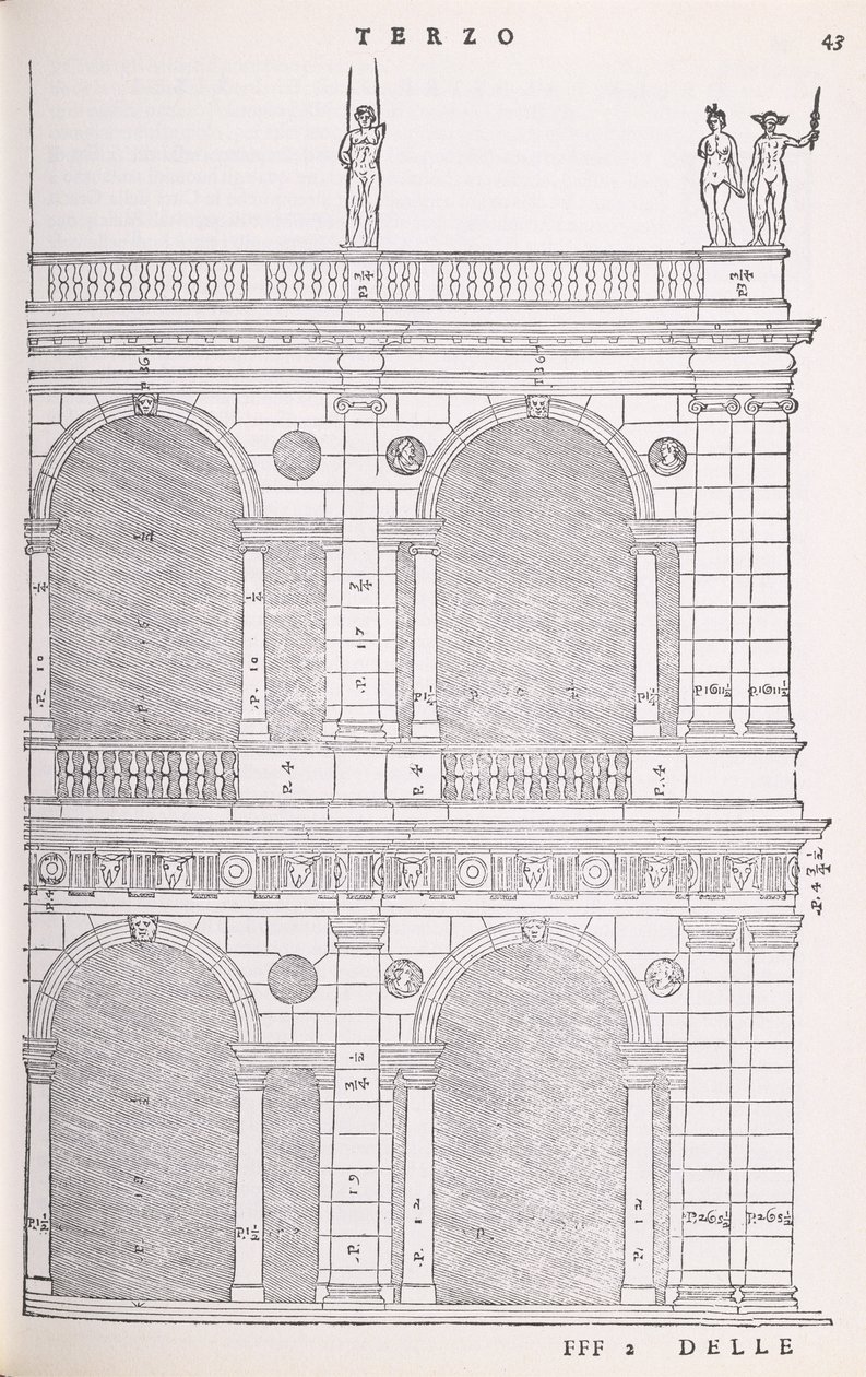 Detalhe elevação, de, a, basílica, em, Vicenza, ilustração, de, um, fac-símile, cópia, de, i, Quattro, Libri, dellArchitettura, escrito, por, palladio, publicado originalmente, 1570 de Andrea Palladio