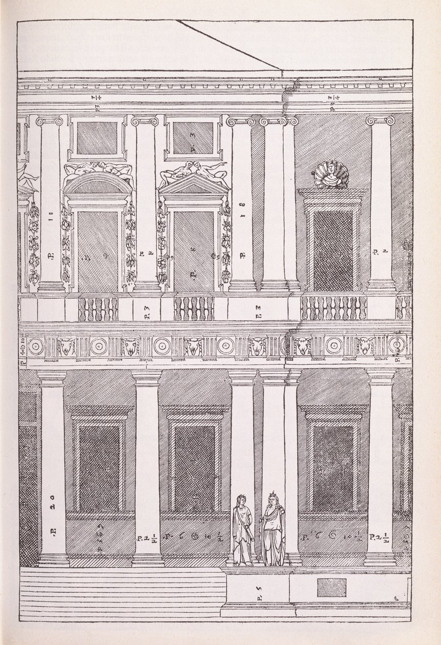 Elevação de Villa Chiericati, Vicenza, ilustração de uma cópia fac-símile de &39;I Quattro Libri dell&39;Architettura&39; escrita por Palladio, publicada originalmente em 1570 de Andrea Palladio