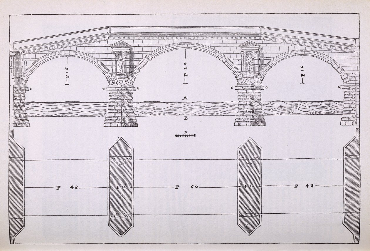 Elevação de uma ponte, ilustração de uma cópia fac-símile de &39;I Quattro Libri dell&39;Architettura&39; escrita por Palladio, publicada originalmente em 1570 de Andrea Palladio