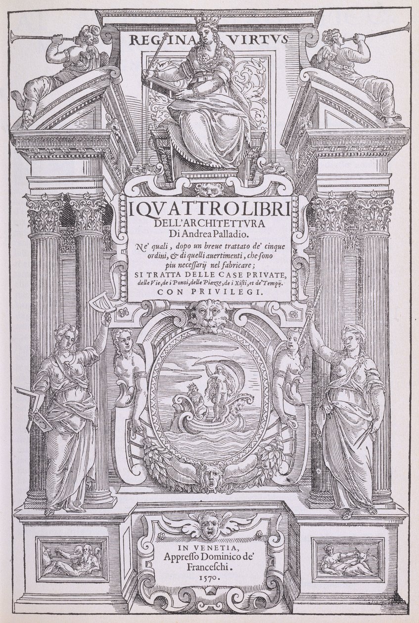 Frontispício de uma cópia fac-símile de &39;I Quattro Libri dell&39;Architettura&39; escrito por Palladio, publicado originalmente em 1570 de Andrea Palladio