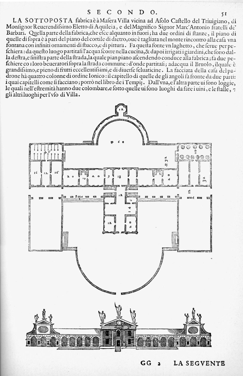 Plano e elevação de Villa Barbaro, Maser, ilustração de uma cópia fac-símile de &39;I Quattro Libri dell&39;Architettura&39; escrita por Palladio, publicada originalmente em 1570 de Andrea Palladio