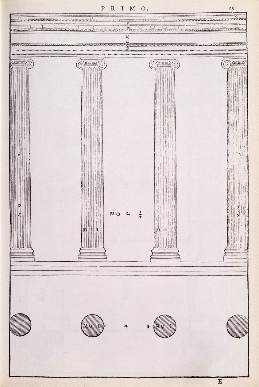 A Ordem Iônica, ilustração de uma cópia fac-símile de &39;I Quattro Libri dell&39;Architettura&39; escrita por Palladio, publicada originalmente em 1570 de Andrea Palladio