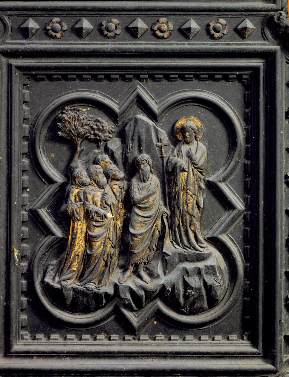 São João Baptista anuncia Cristo, oitavo painel das Portas do Sul do Batistério de San Giovanni, 1336 (bronze) de Andrea Pisano