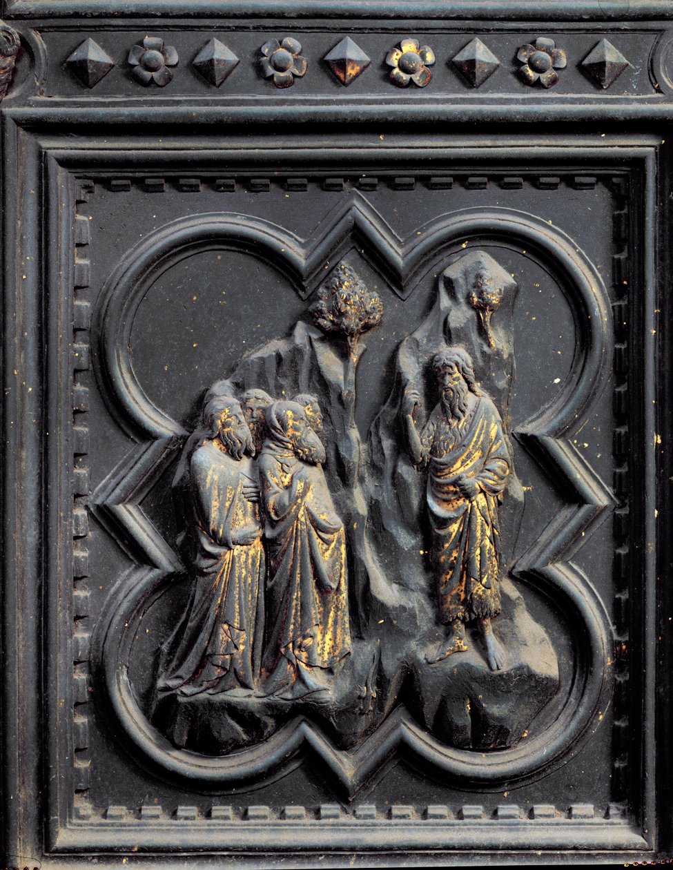 São João Batista Prega aos Fariseus, sétimo painel das Portas do Sul do Batistério de San Giovanni, 1336 (bronze) de Andrea Pisano