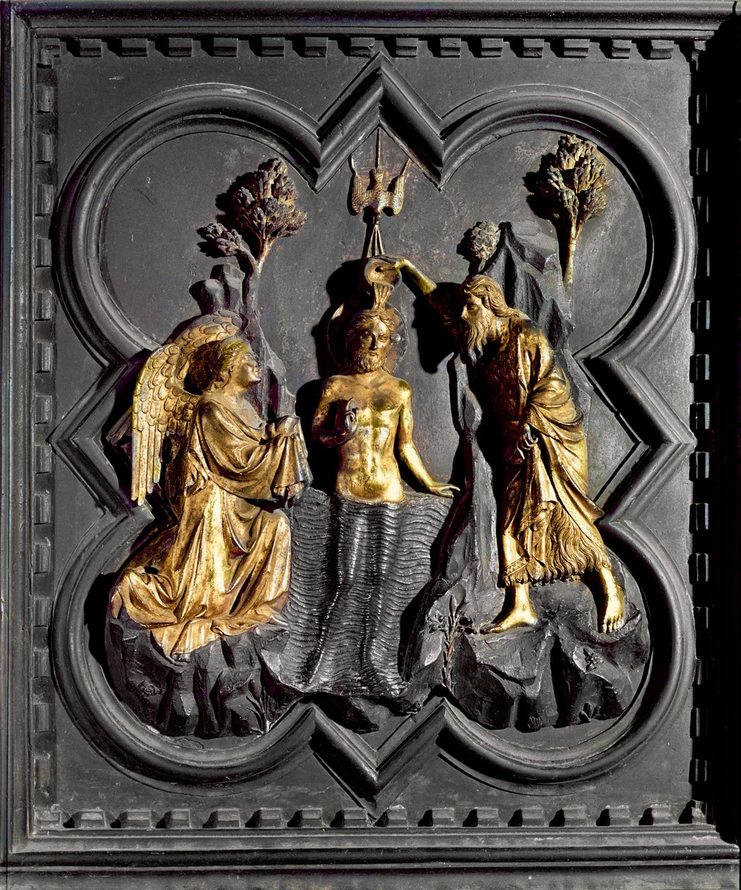 O Batismo de Cristo, painel das portas sul do batistério representando cenas da vida de São João Batista, 1336 (bronze dourado) de Andrea Pisano