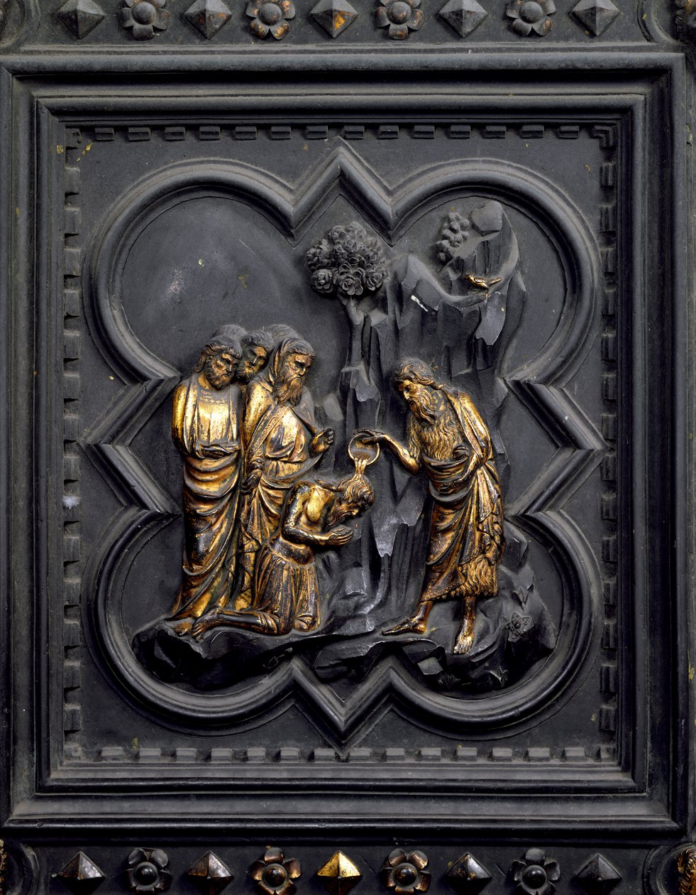 O Batismo dos Discípulos, nono painel das Portas do Sul do Batistério de San Giovanni, 1336 (bronze) de Andrea Pisano