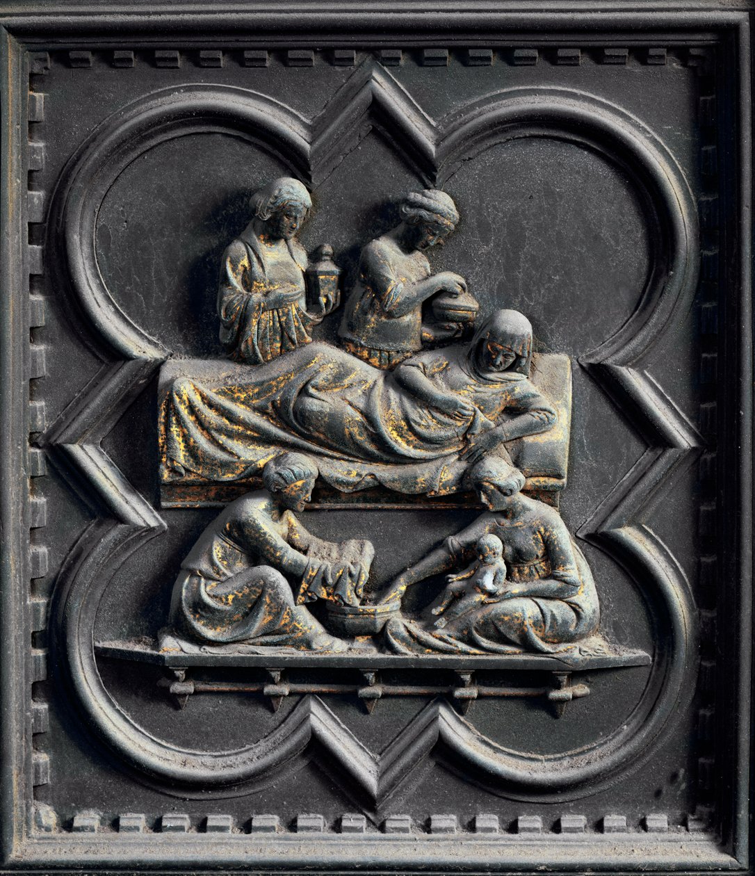 O Nascimento de São João Batista, quarto painel das Portas do Sul do Batistério de San Giovanni, 1336 (bronze) de Andrea Pisano