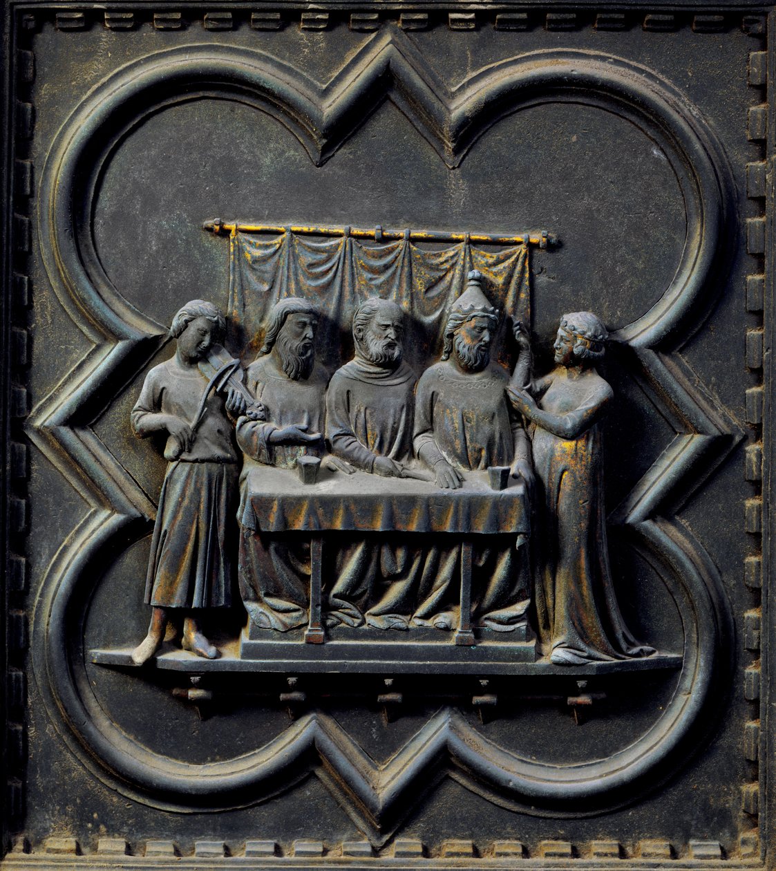 A Dança de Salomé, décimo quinto painel das Portas do Sul do Batistério de San Giovanni, 1336 (bronze) de Andrea Pisano