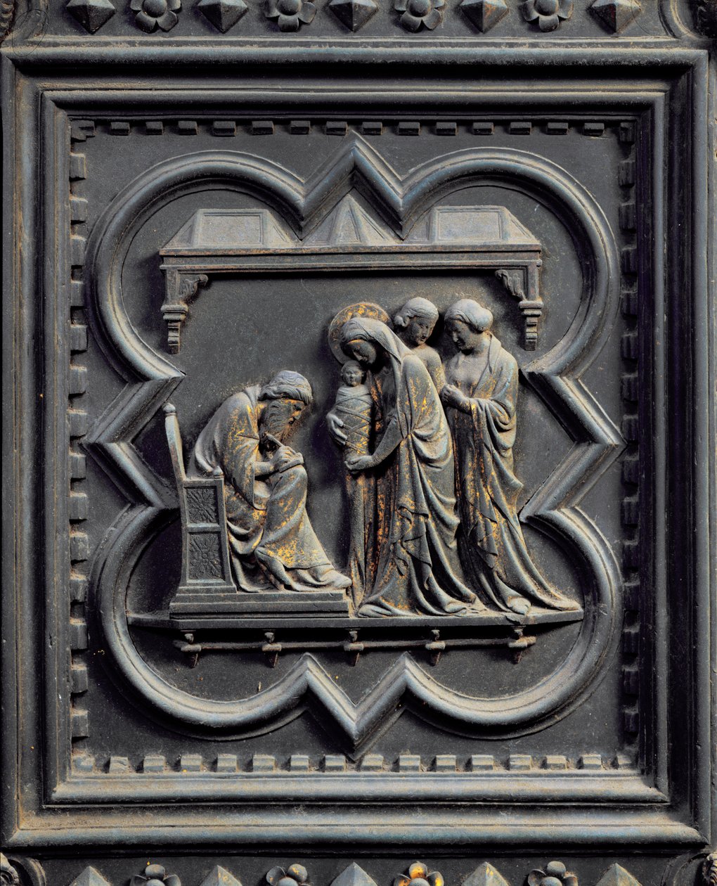 Zacarias Escreve o nome do menino, quinto painel das Portas do Sul do Batistério de San Giovanni, 1336 (bronze) de Andrea Pisano