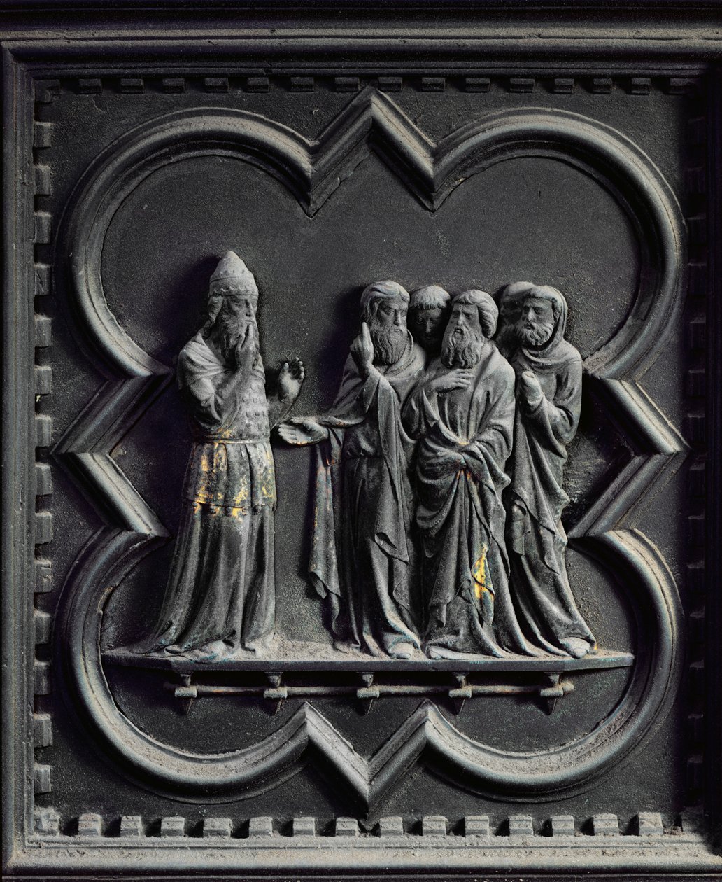 Zacarias é golpeado, segundo painel das Portas do Sul do Batistério de San Giovanni, 1336 (bronze) de Andrea Pisano