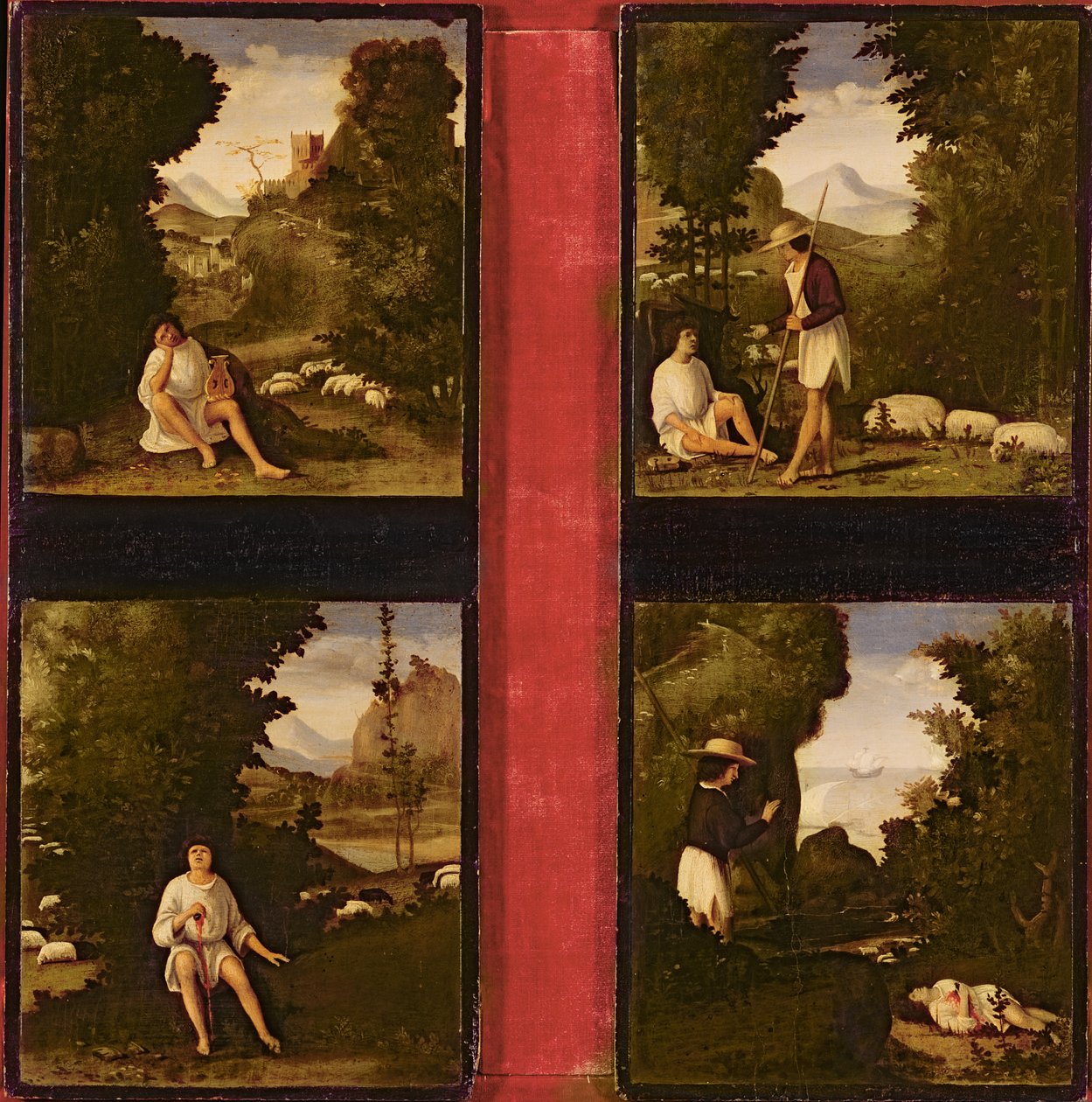 Cenas das Eclogues de Tebaldeo, c.1505 (óleo sobre madeira) de Andrea Previtali