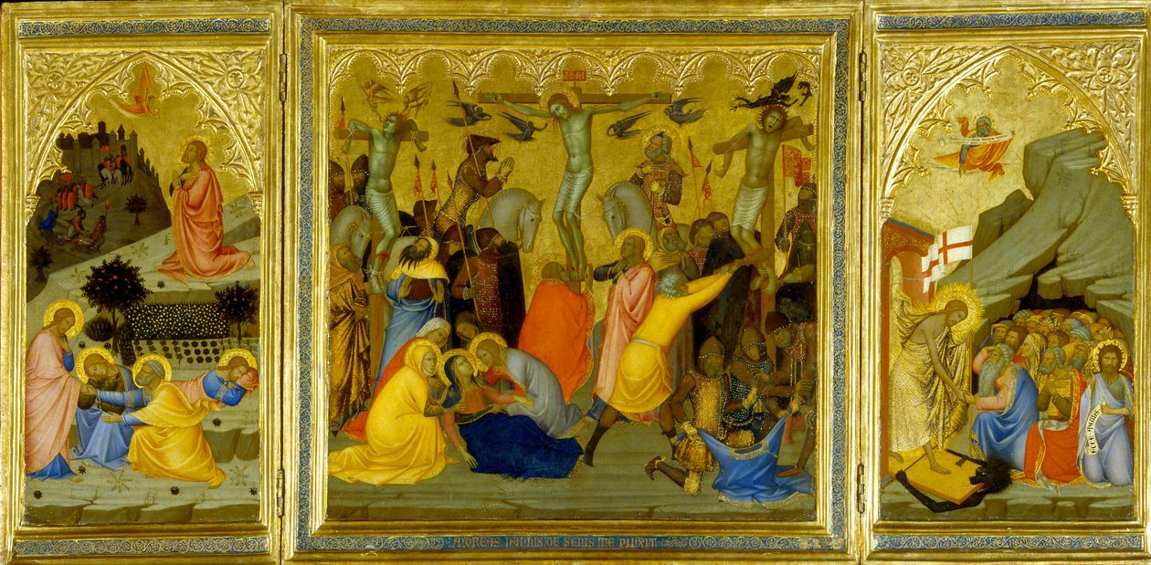 Um tríptico: Agonia no jardim, a crucificação e a criação dos patriarcas e profetas dos mortos (têmpera de ovo e folha de ouro no painel de madeira) de Andrea Vanni