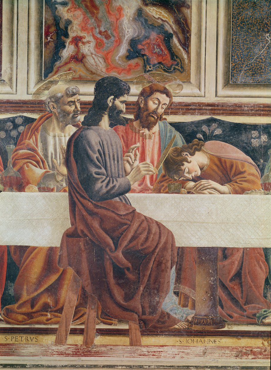 A Última Ceia, detalhe de São João, São Pedro, Jesus e Judas, 1477 (detalhe de 85172) de Andrea del Castagno