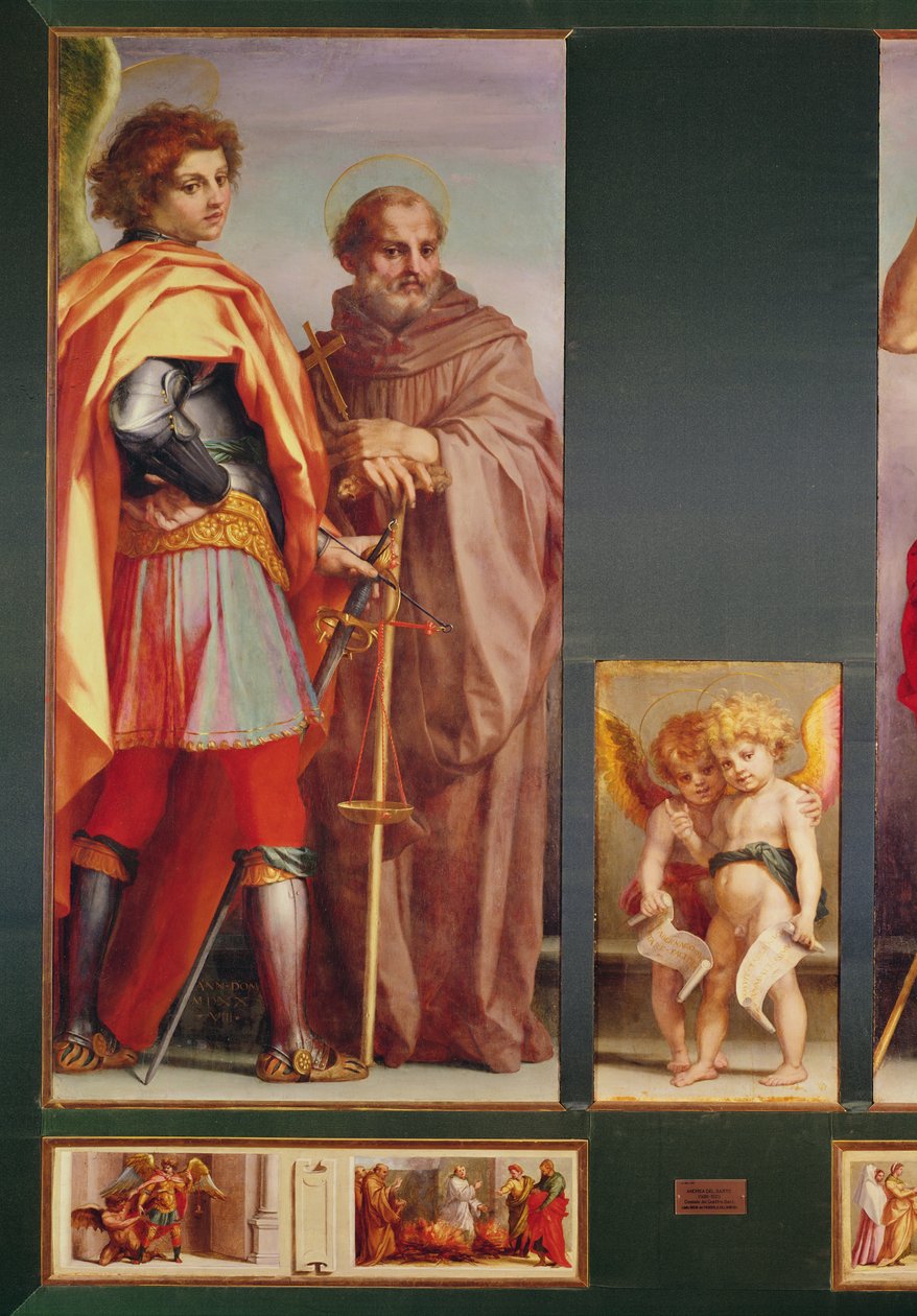 Polyptych da abadia de Vallombrosa, detalhe do lado esquerdo que mostra Archangel Michael e Saint Benedict, 1528 (detalhe de 50405) de Andrea del Sarto