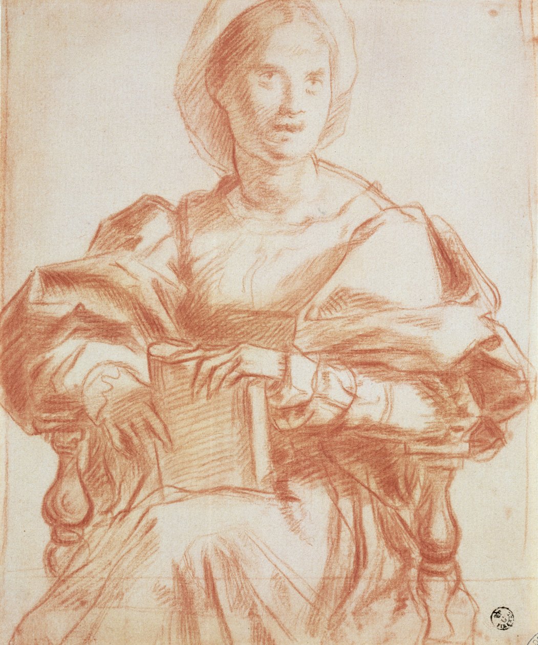 Estudo de uma mulher sentada segurando um livro (giz no papel) de Andrea del Sarto
