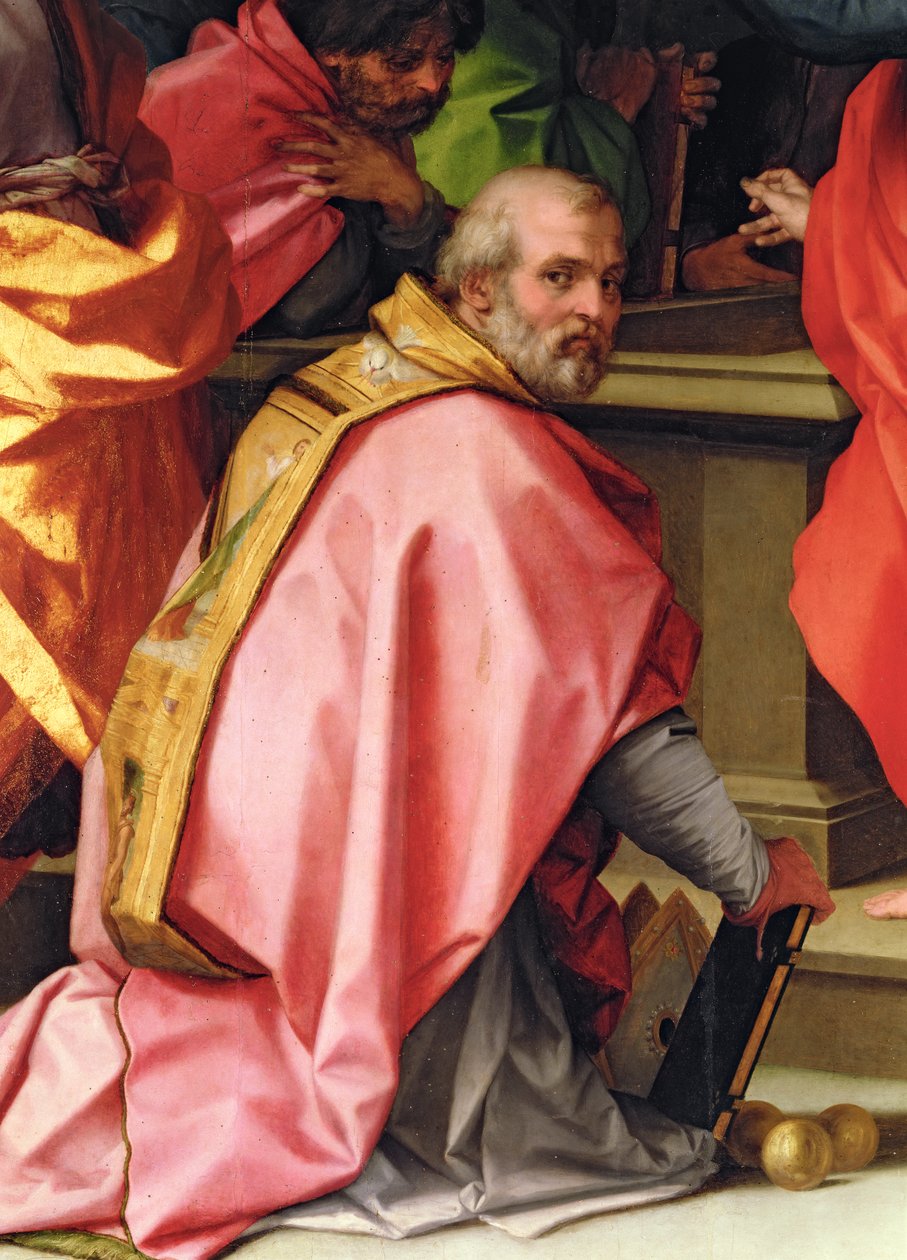 A Assunção de Maria, detalhe mostrando São Nicolau de Myra com 3 bolas de ouro (retábulo) de Andrea del Sarto