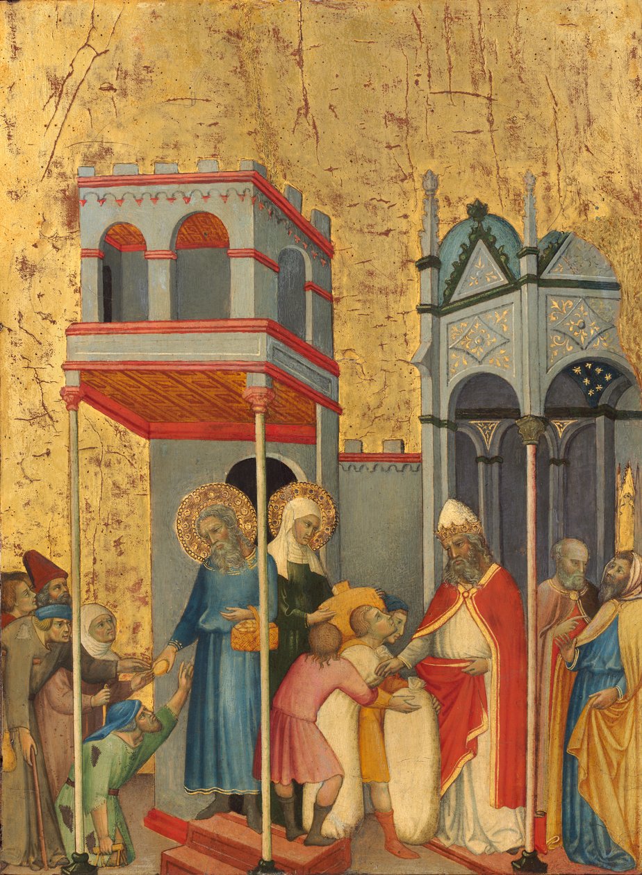 Joachim e Anna dando comida aos pobres e oferendas ao Templo, c.1400-5 (tempera no painel de álamo) de Andrea di Bartolo