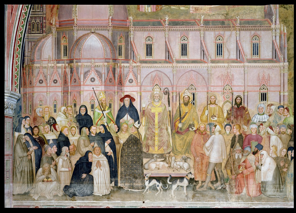 A Igreja Militante e Triunfante, detalhe das autoridades seculares com Santa Maria del Fiore ao fundo, da Capela Espanhola, detalhe c.1369 afresco de 31612 de Andrea di Bonaiuto
