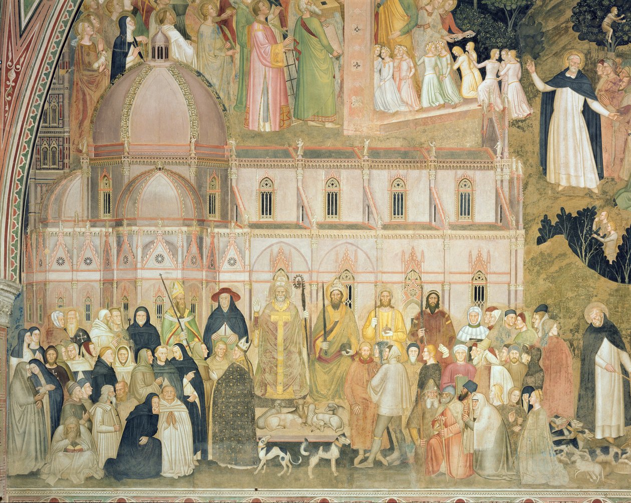 A Igreja Militante e Triunfante, detalhe das autoridades seculares com Santa Maria del Fiore ao fundo, da Capela Espanhola, detalhe c.1369 afresco de 31612 de Andrea di Bonaiuto