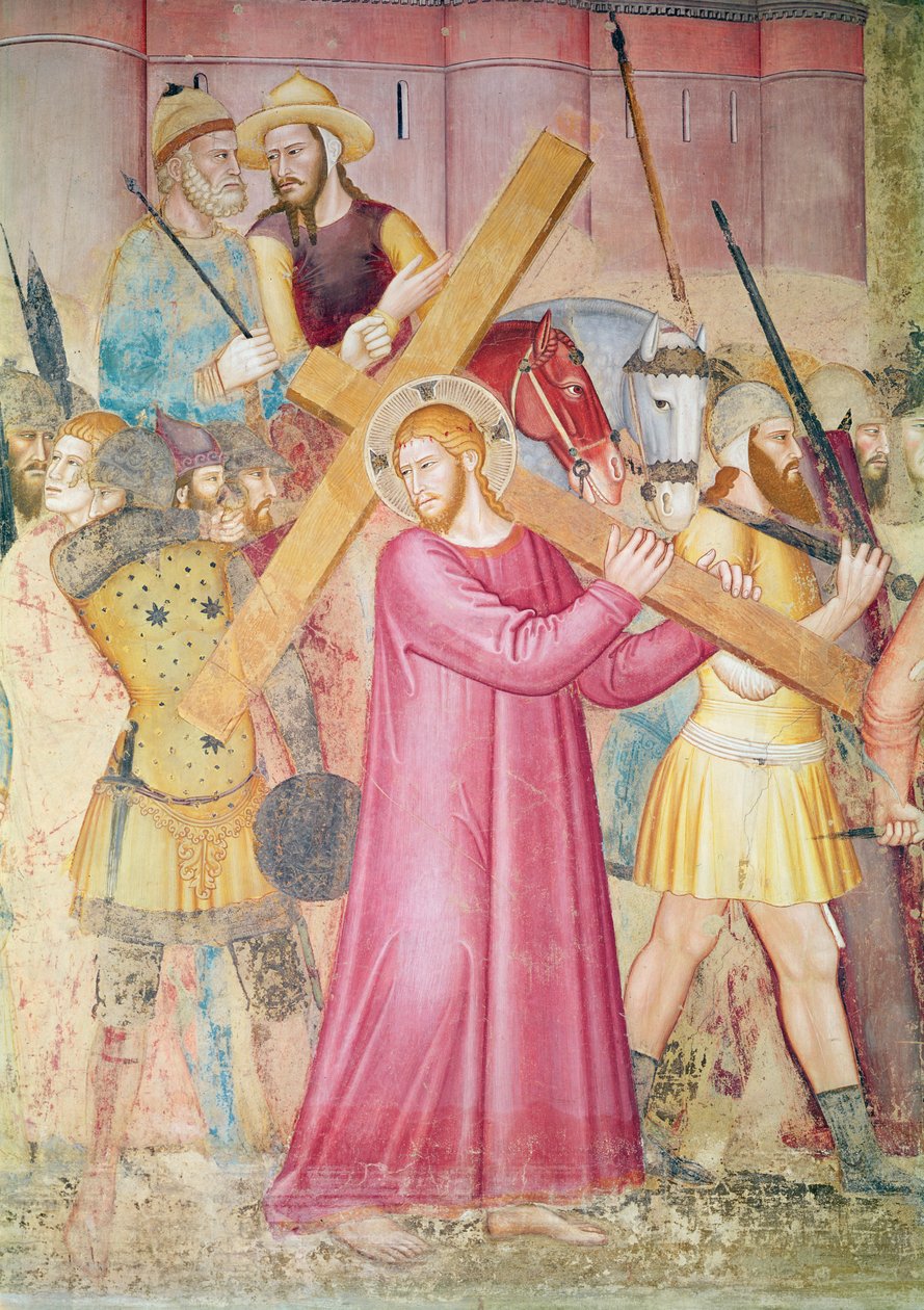 O caminho para o calvário, detalhe de Cristo carregando a cruz, c.1365 (detalhe de 130096) de Andrea di Bonaiuto