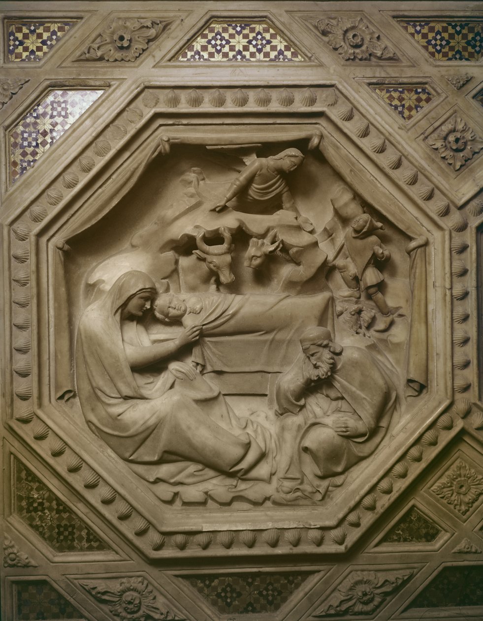 A Adoração dos Magos, detalhe da base do Tabernáculo, 1349-59 (mármore) de Andrea di Cione Orcagna