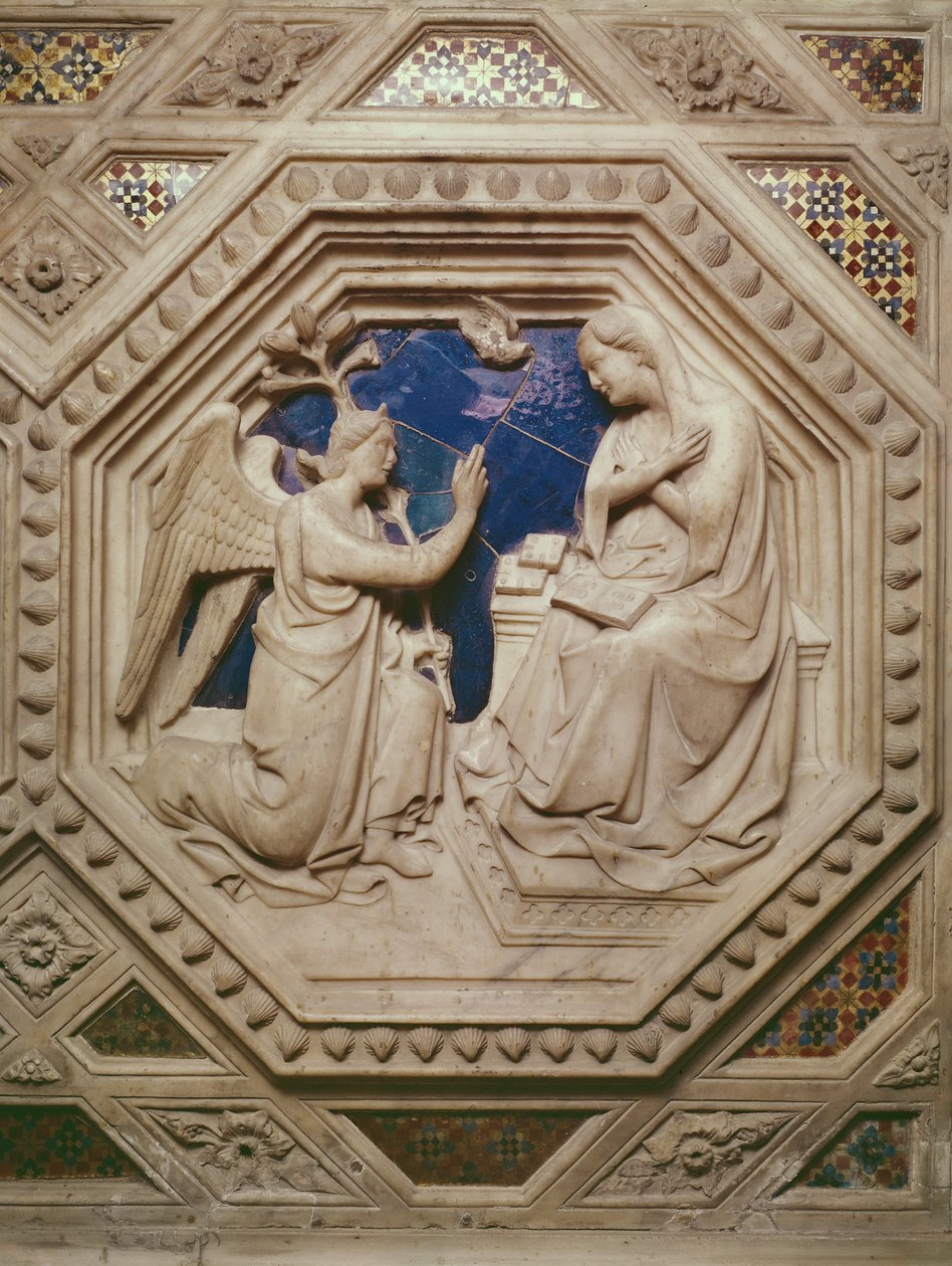 A Anunciação, detalhe da base do Tabernáculo, 1349-59 (mármore) de Andrea di Cione Orcagna
