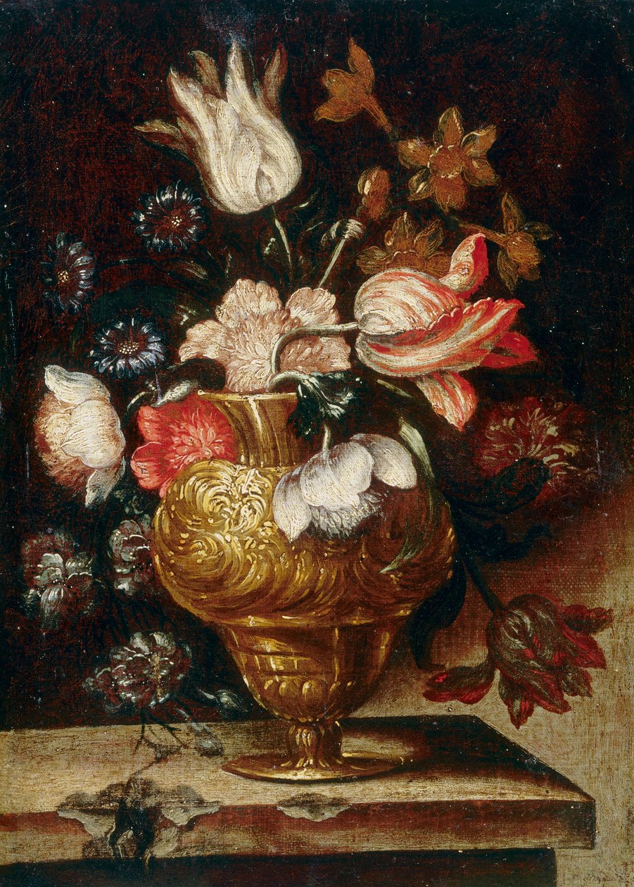 Vaso de metal com um ramo de flores de Andrea the Elder Scacciati